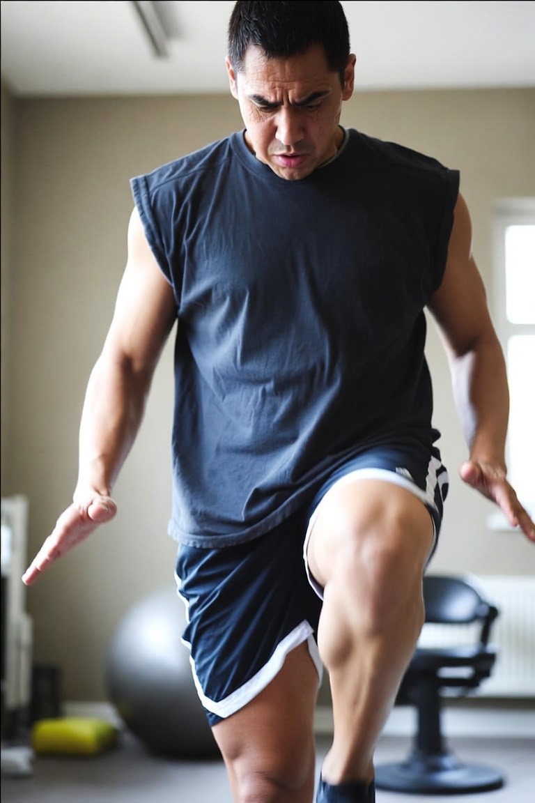 A man mid single-leg step-down in a clinic gym, weight on the working leg, arms out for balance, jaw set and eyes on the floor in front of him.