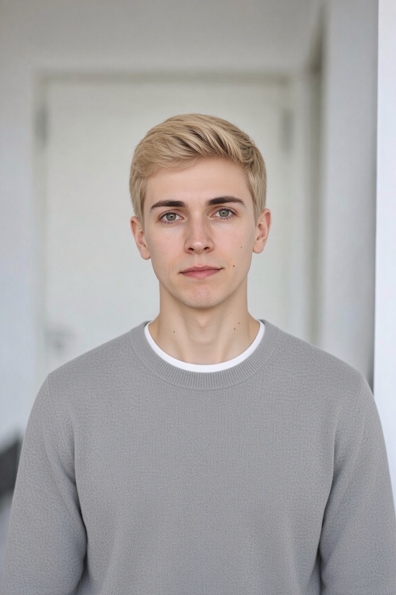 A young man in a grey sweater looking straight into the camera, shot in the same corridor and at the same distance as the other portraits.
