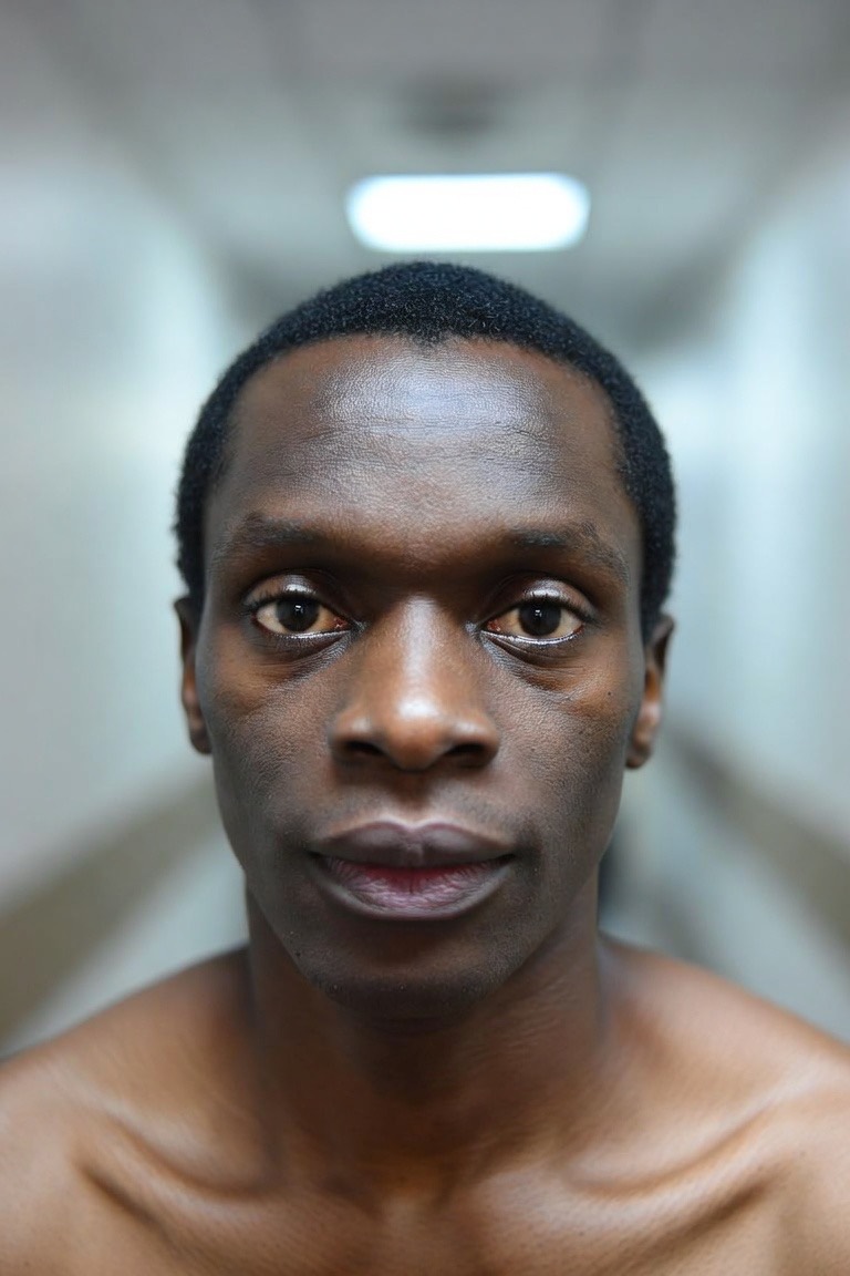 A man looking straight into the camera in a clinic corridor, neutral expression, shoulders bare.