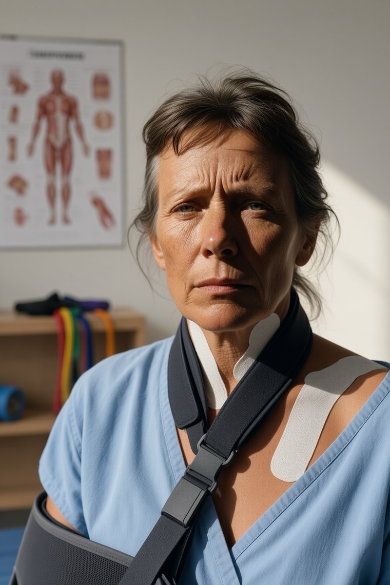 A woman in a shoulder sling and collar with kinesiology tape across her shoulder, sitting in a treatment room, looking at the camera with a tired, worn expression.