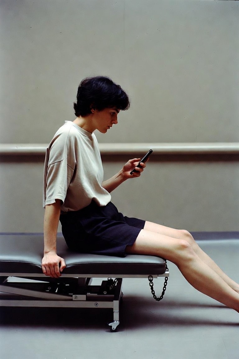 A patient sitting on the edge of a treatment plinth between sets, one leg extended to the floor, looking down at her phone. Nobody else in the room.